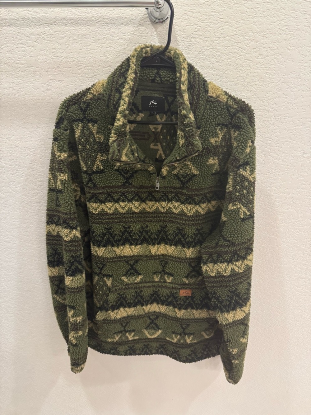 Rusty Men's Olive Green Patterned Sherpa Quarter-Zip Sweater